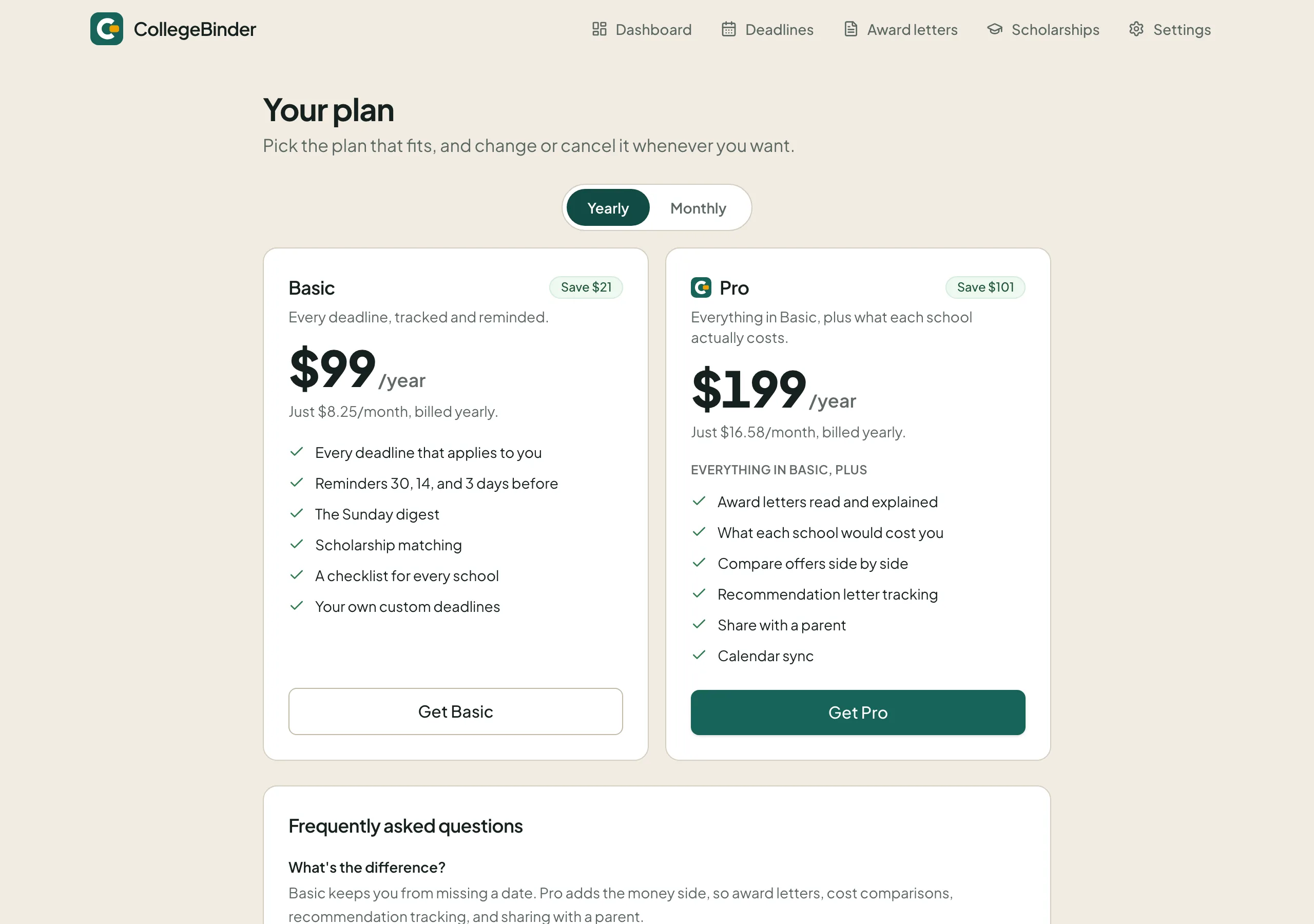 The plan page comparing Basic and Pro.