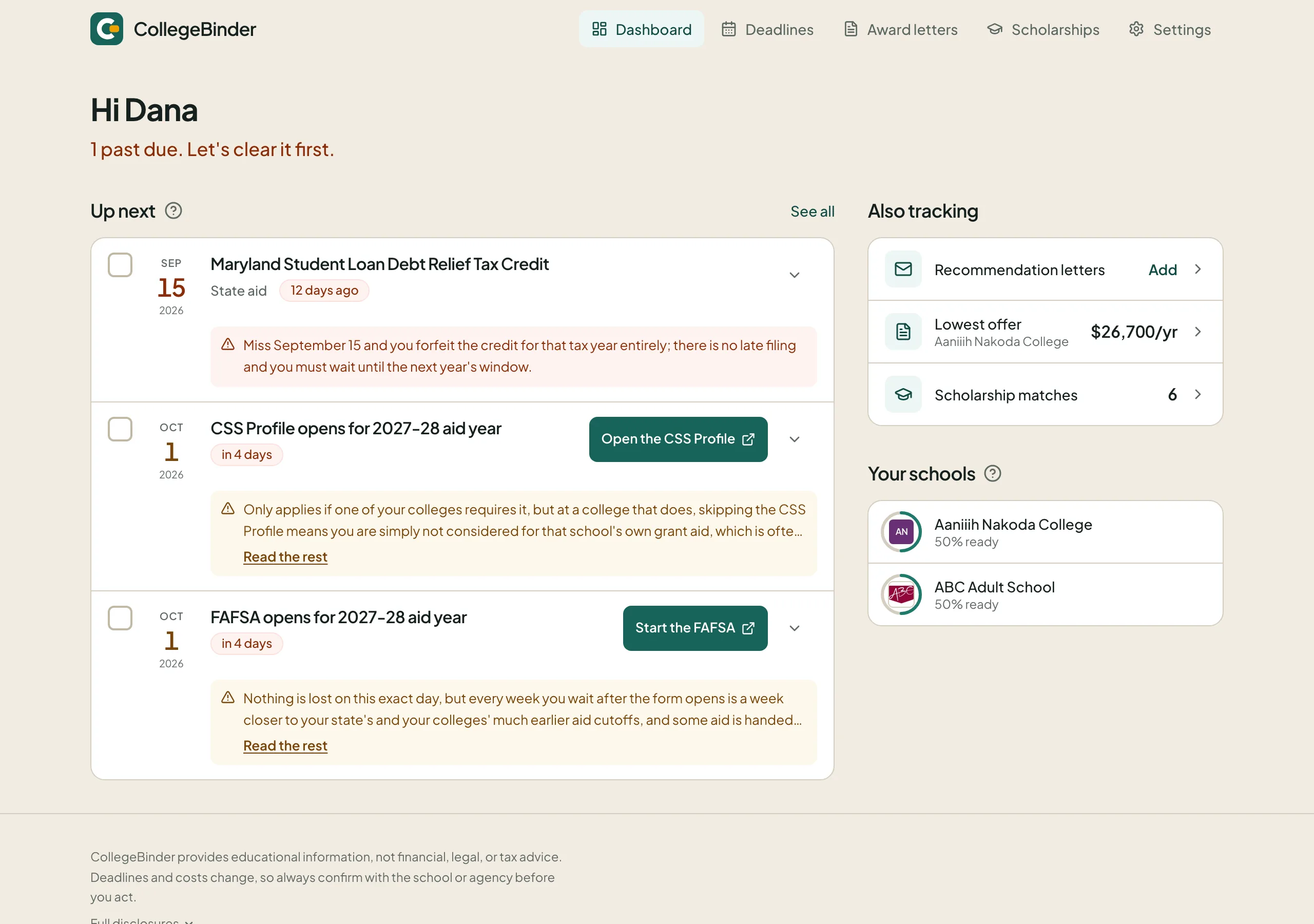 The CollegeBinder dashboard showing upcoming deadlines.
