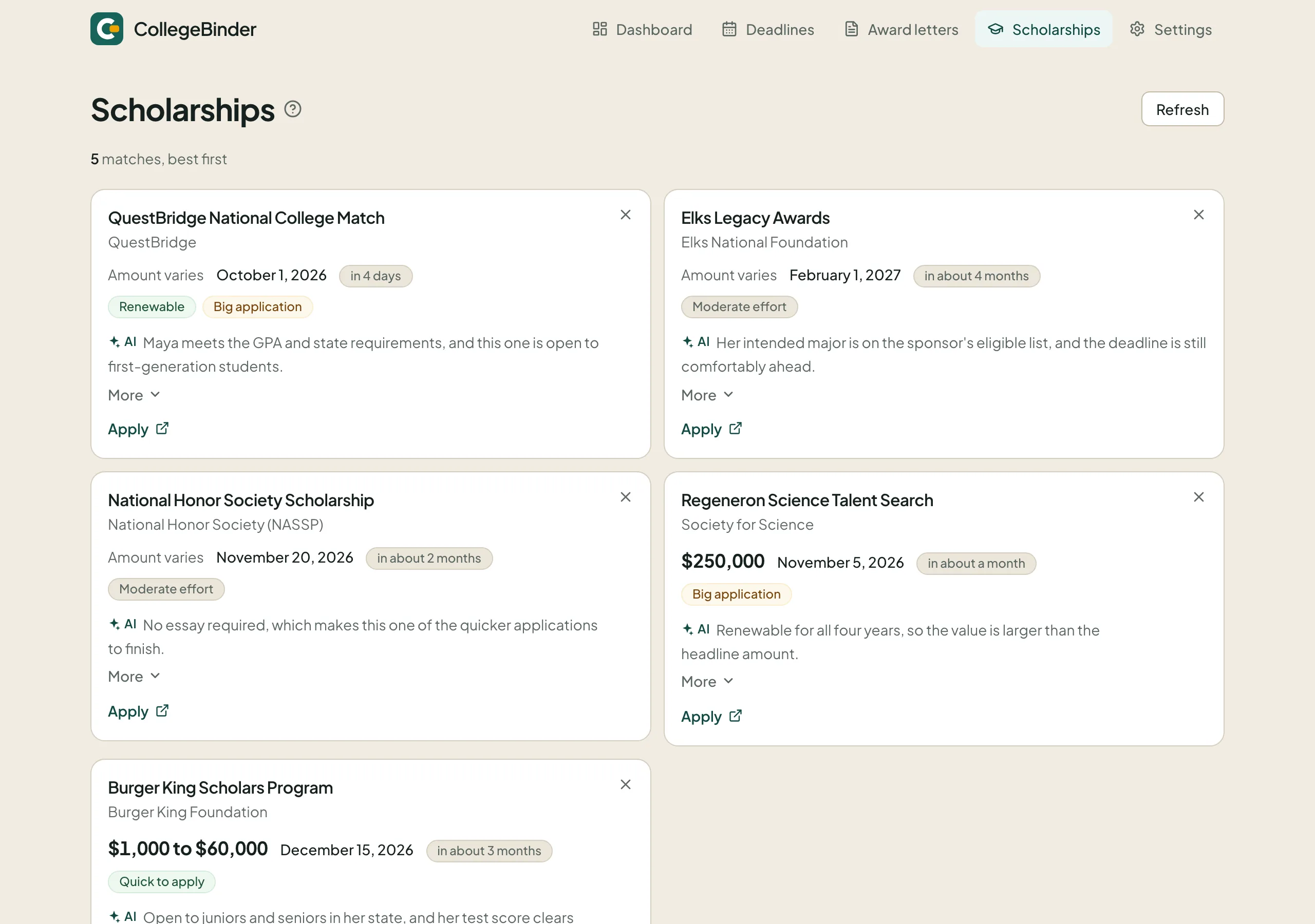 Matched scholarships with amounts, deadlines, and why you qualify.